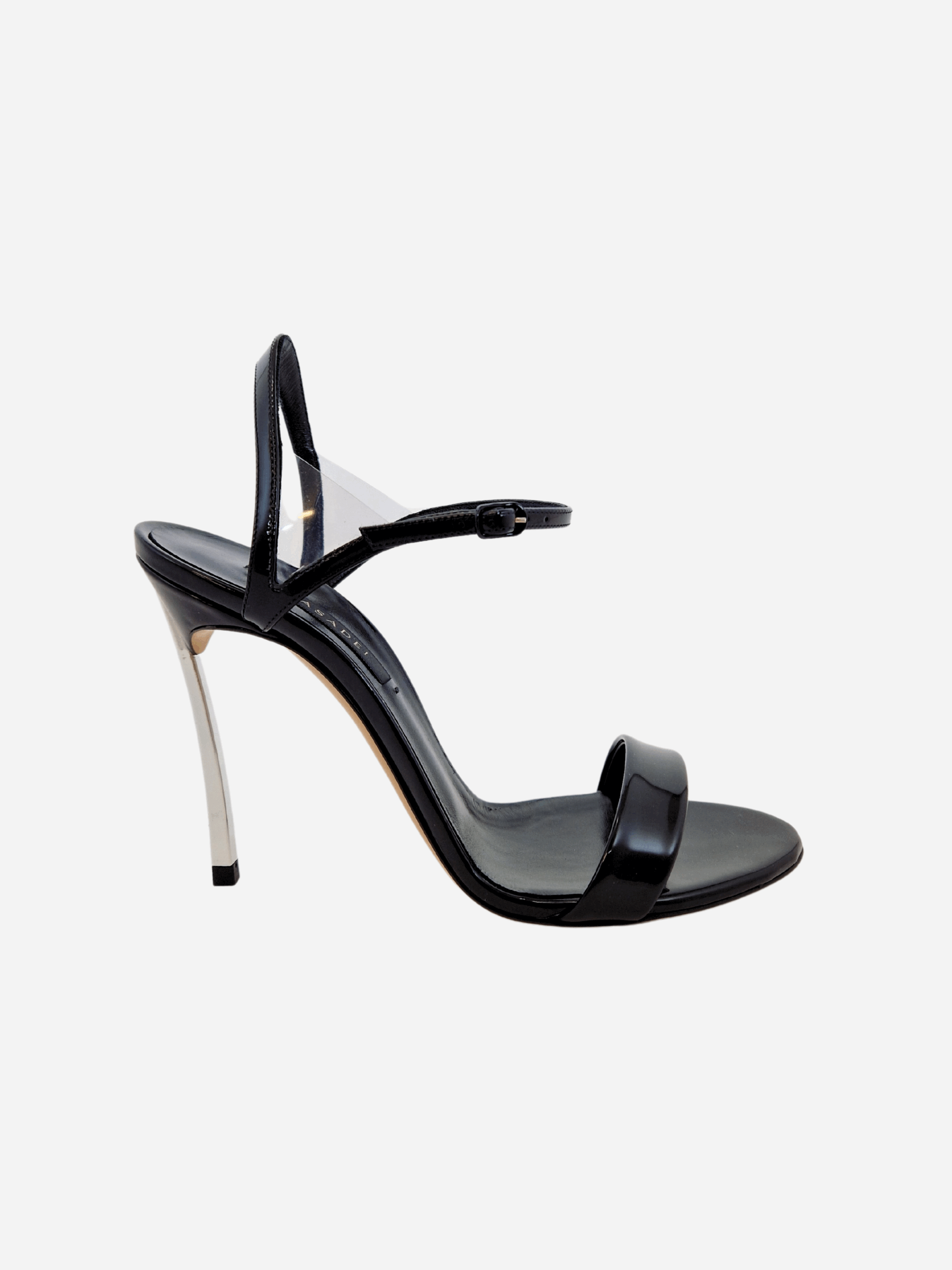 sandalo nero con inserti in pvc e tacco blade casadei