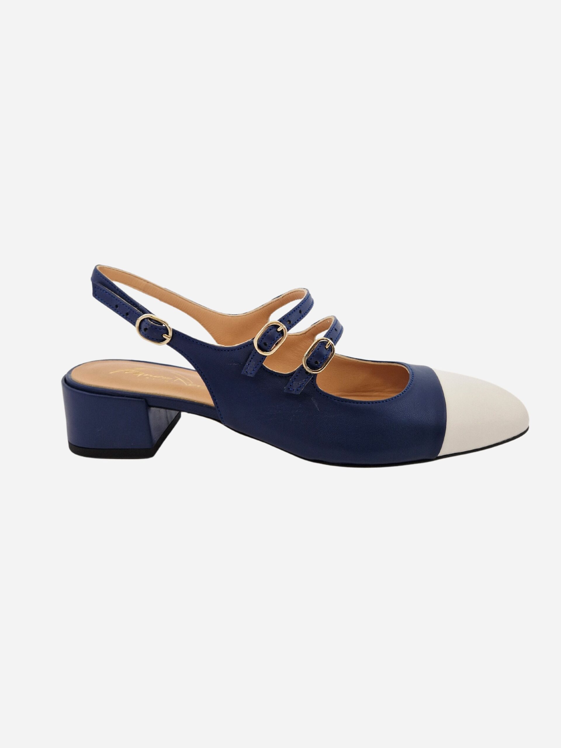 slingback in pelle con cinturini blu bianco franco russo