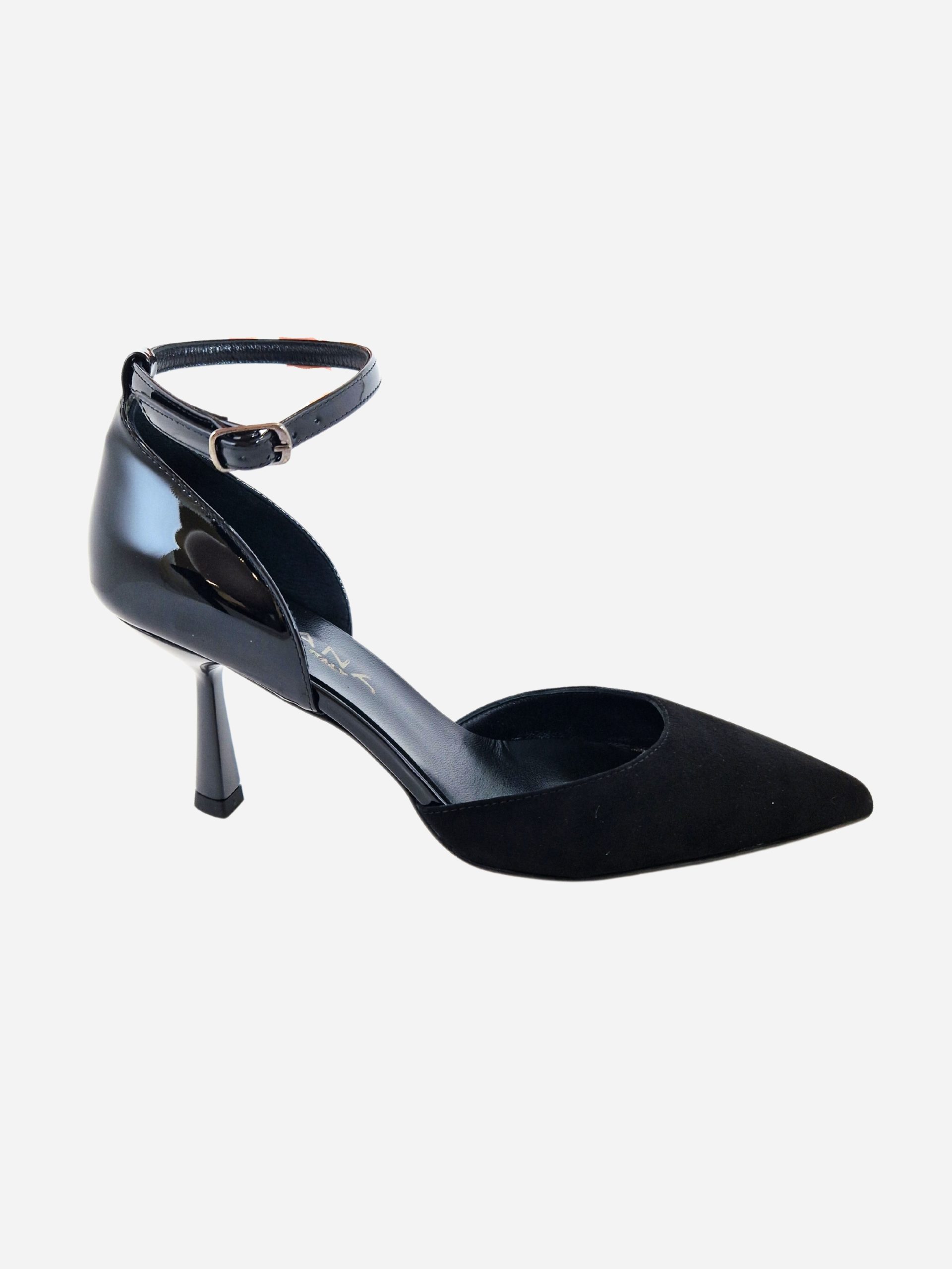 scarpa con cinturino nera in camoscio e pelle verniciata shana