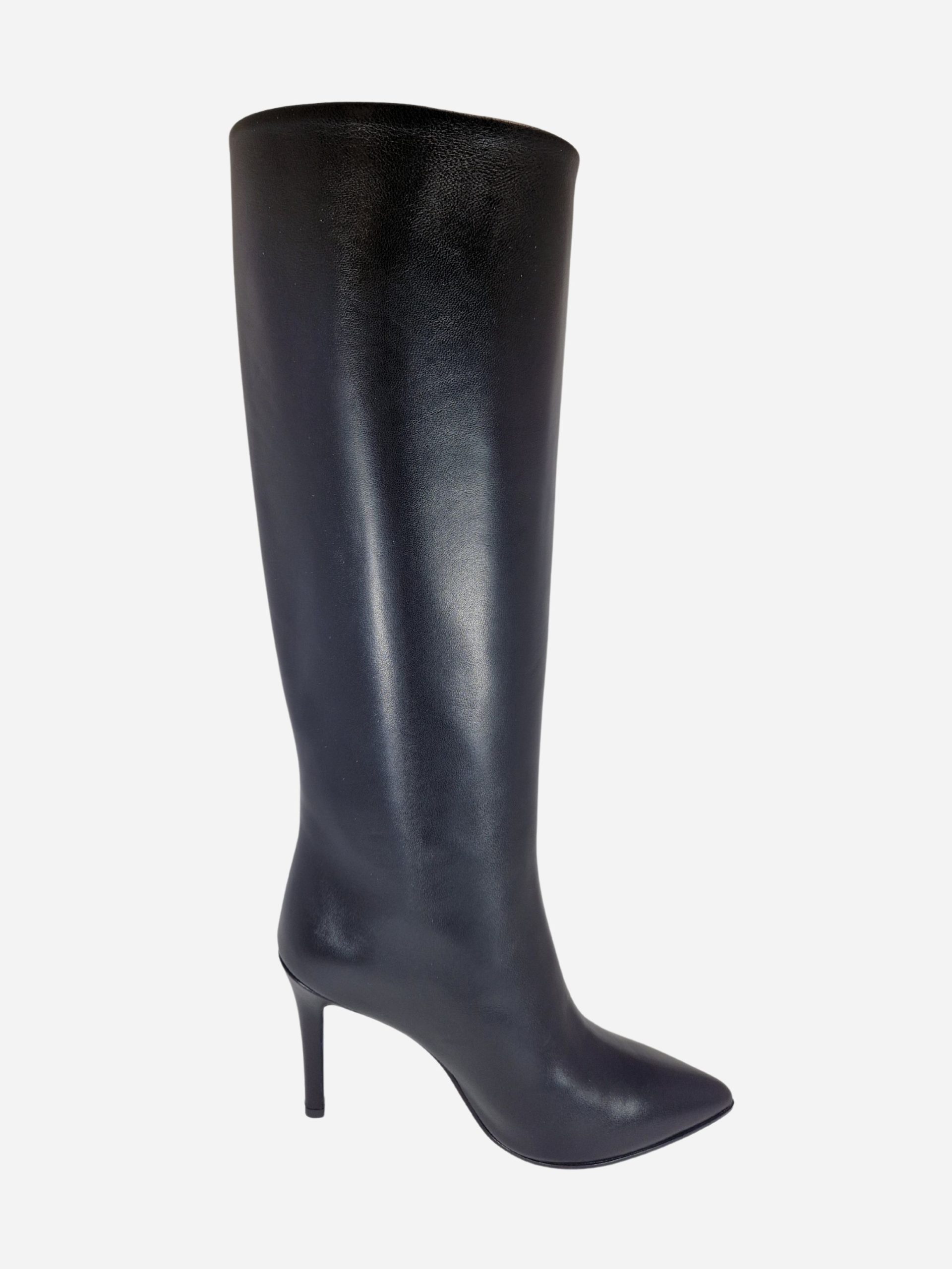 stivali a tubo in pelle nera con tacco a spillo franco russo