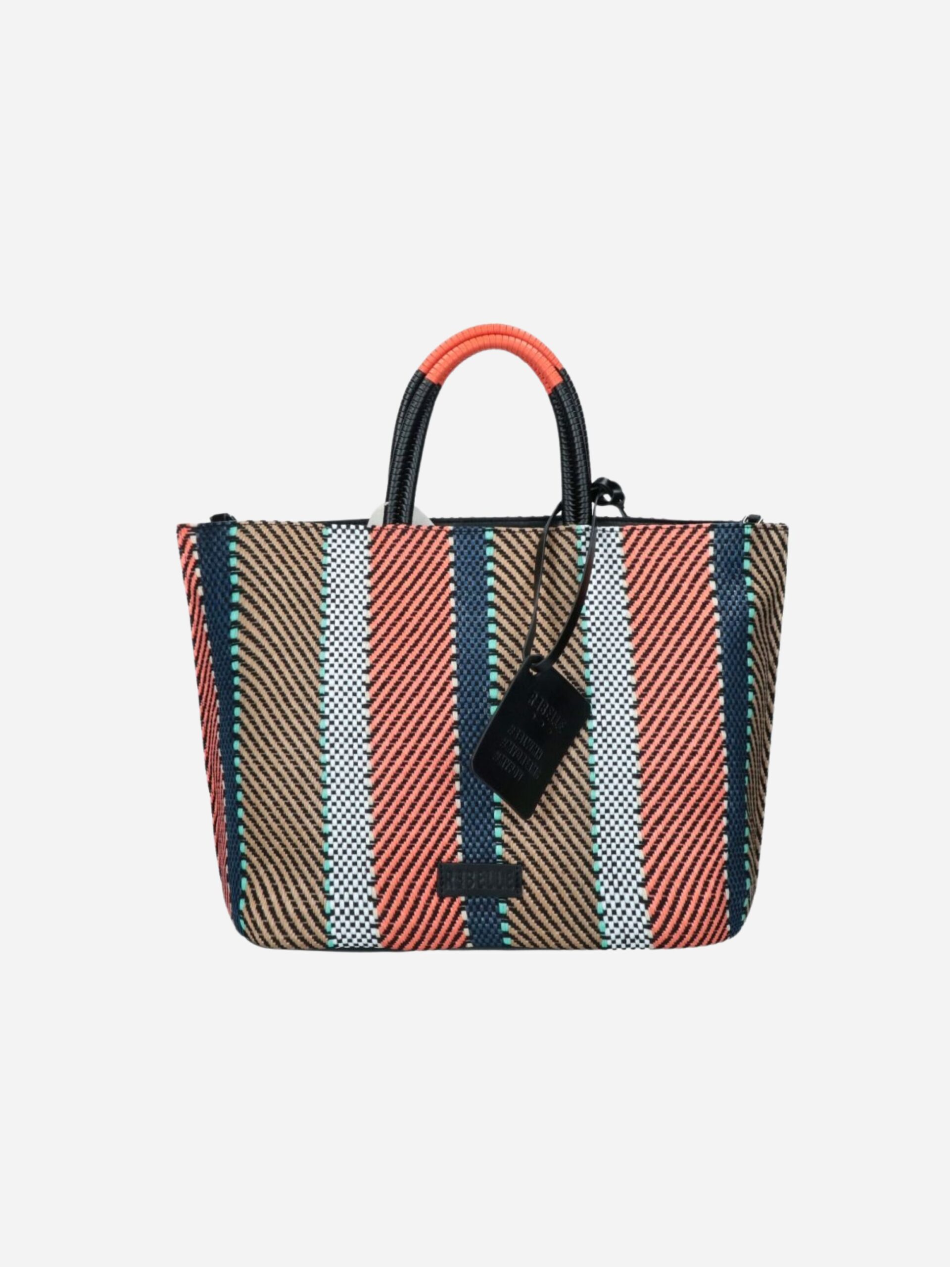 borsa shopping in raphia corallo blu beige rebelle filippa