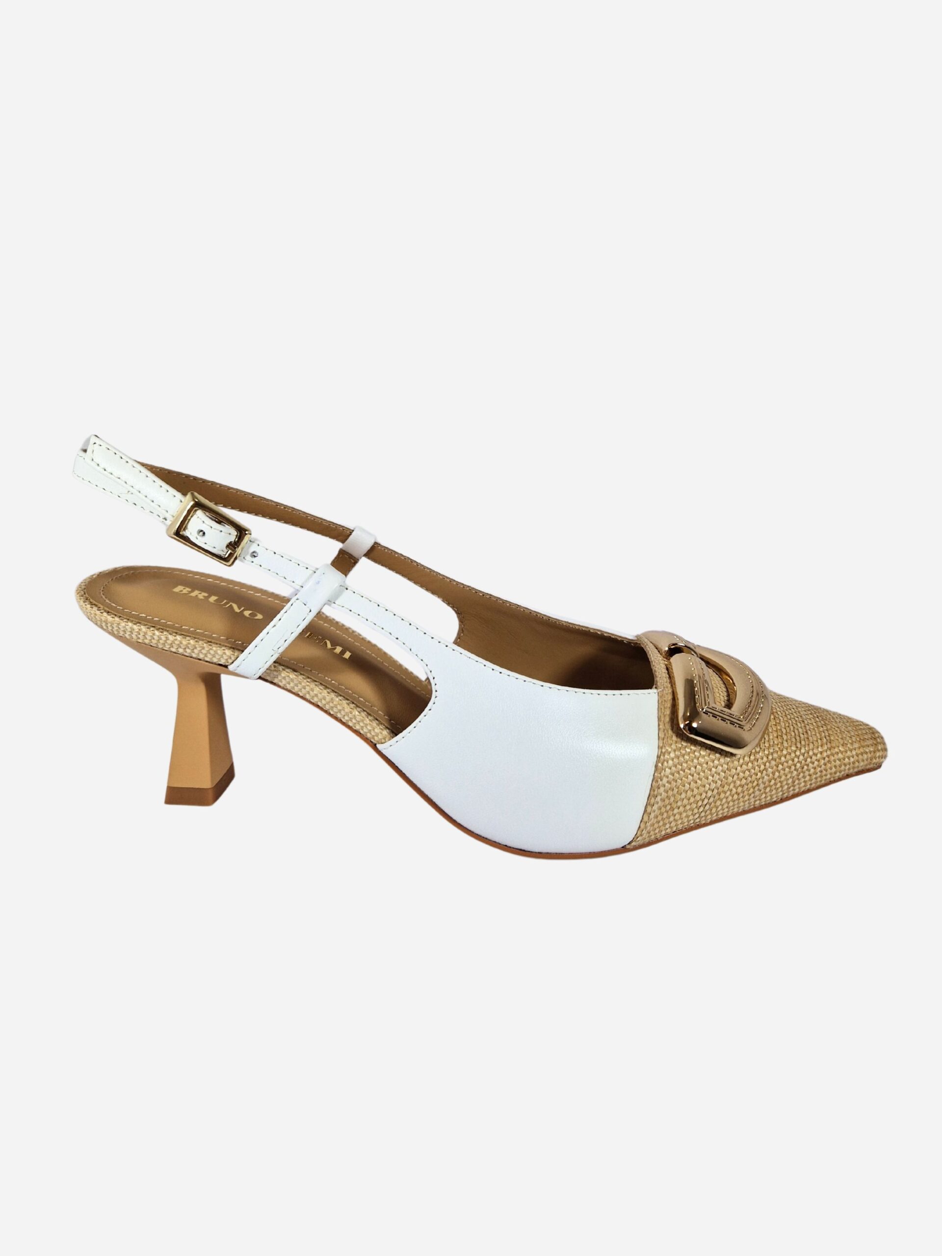 slingback in pelle e rafia bianca con placca dorata bruno premi