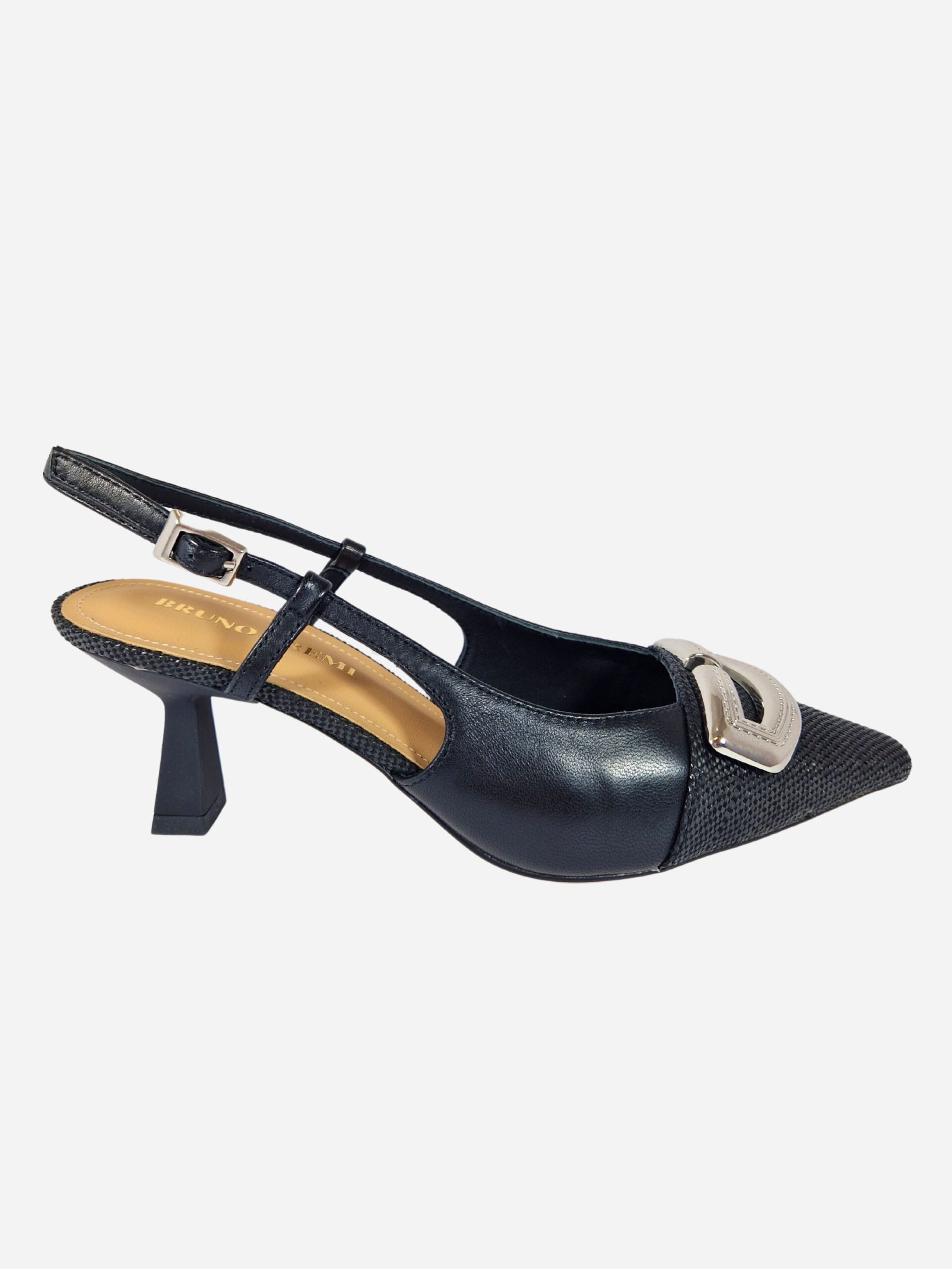slingback in pelle e rafia con placca argento bruno premi