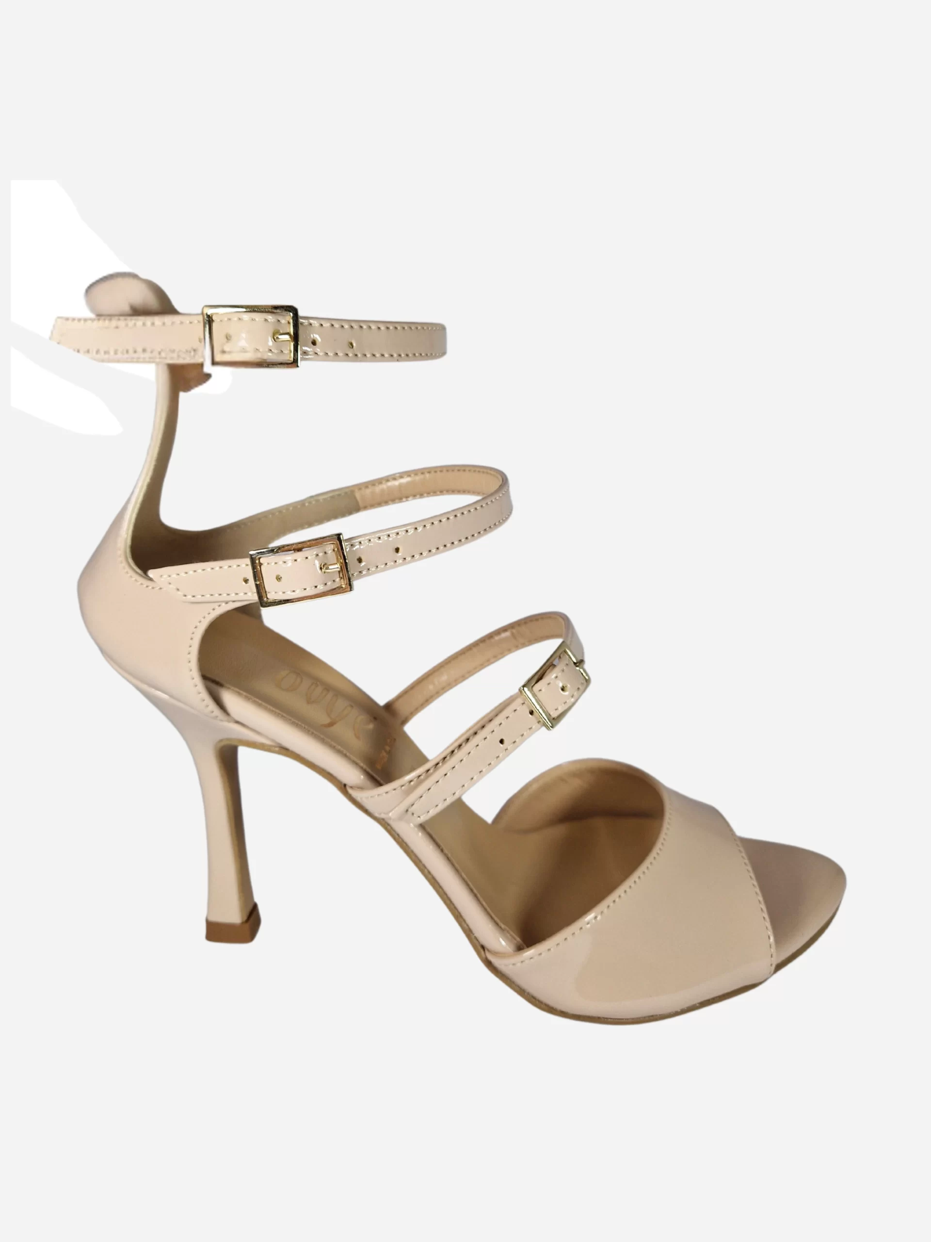 sandali con tacco e tre cinturini in vernice cipria ovyé