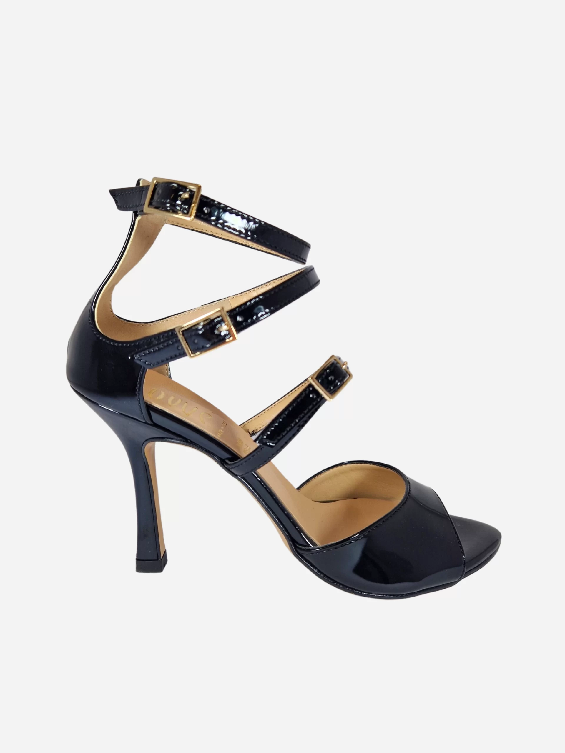 sandali con tacco e tre cinturini in vernice nero ovyé